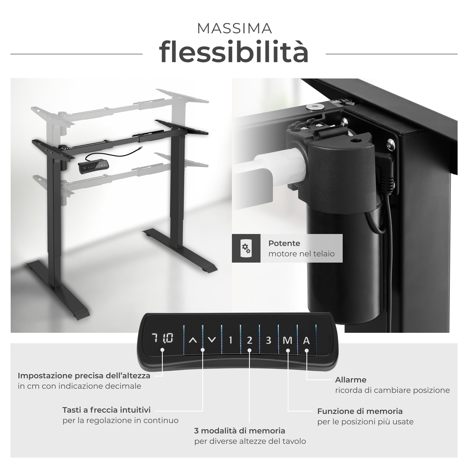 tectake® Telaio per Scrivania Regolabile in Altezza, 85-129 x 65 x 71-121 cm, portata max 70 kg, motore elettrico potente 40W, funzione memoria, in acciaio, Tavolo Ufficio, Scrivania Gaming - Nero
