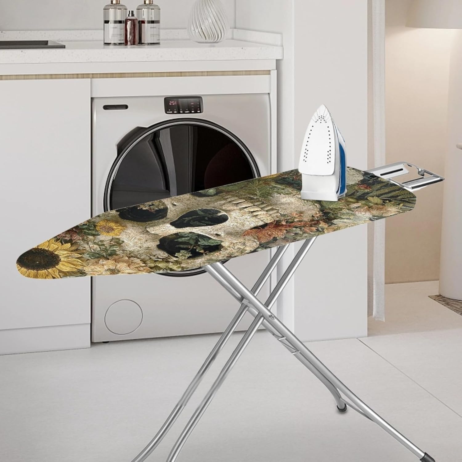 Large Ironing Board Cover and Pad 59x19 Skull Yellow Flower Iron Table Cover with Padding,Extra Wide,Resist Scorching and Staining,Heatproof,Adjustable Fastener Durable Stain