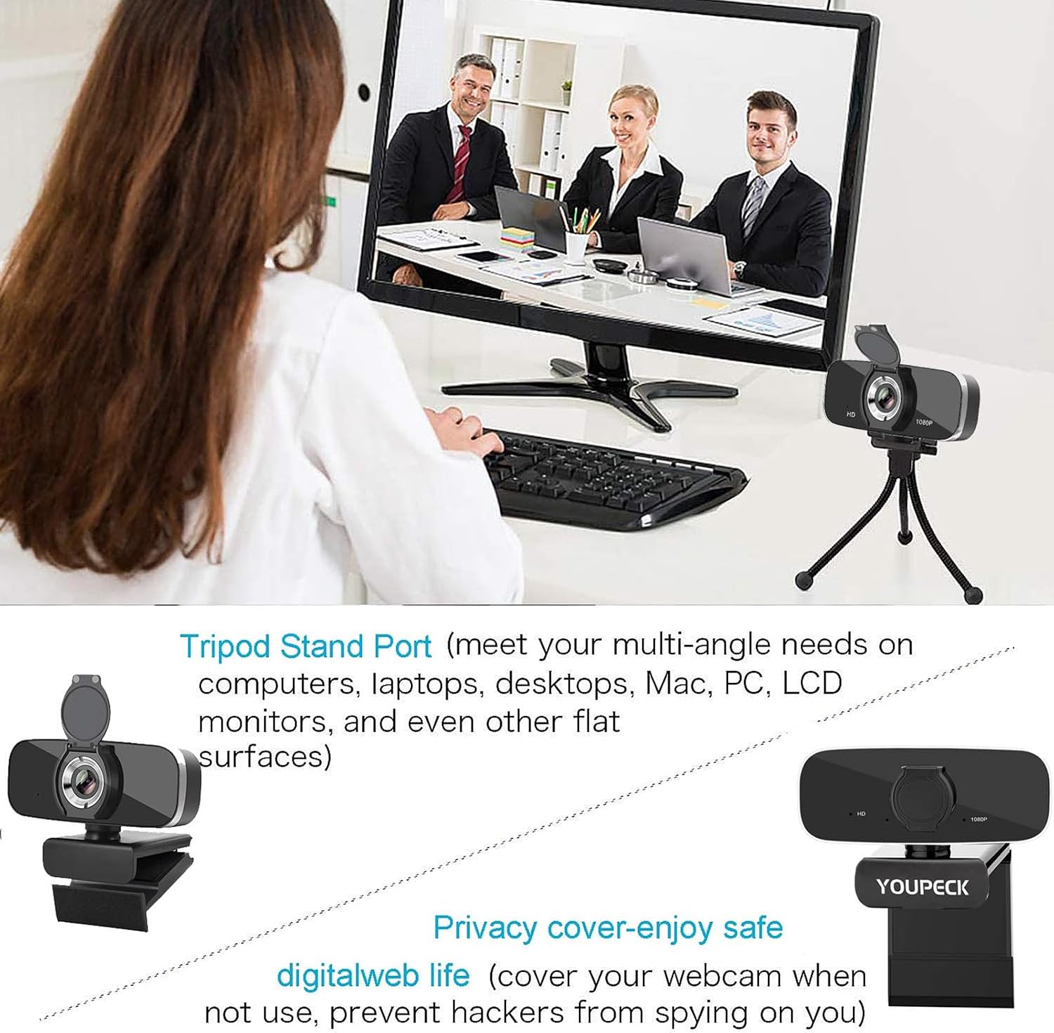 C28 1080P 2K 4K HD Webcam with Privacy Cover and Tripod Stand, PC Camera with Noise-Cancelling Mic, Auto Light Correction, Plug and Play, Web Camera for Streaming, Zoom/Facetime (1080P HD) - 6