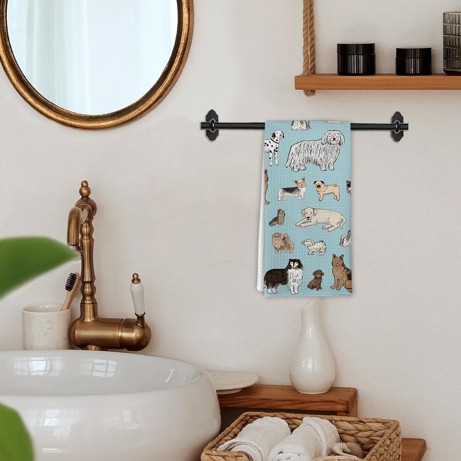 Funny Dog Teal Kitchen Hand Towels Decor, Cute Dogs Themed Blue Decorative Dish Hand Tea Towels for Bathroom Kitchen Decor Decorations, Dog Owner Lovers Gifts for Women Kids,16x24Inch - Image 4