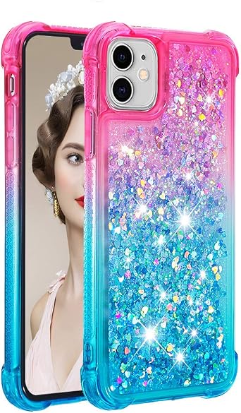 QBYVQQN Glitter Silicone Case Compatible with iPhone 11, Girls Women Bling Liquid Floating Sparkle Quicksand Protective Shockproof TPU Waterfall Slim Phone Cover Back Bumper Compatible with iPhone 11