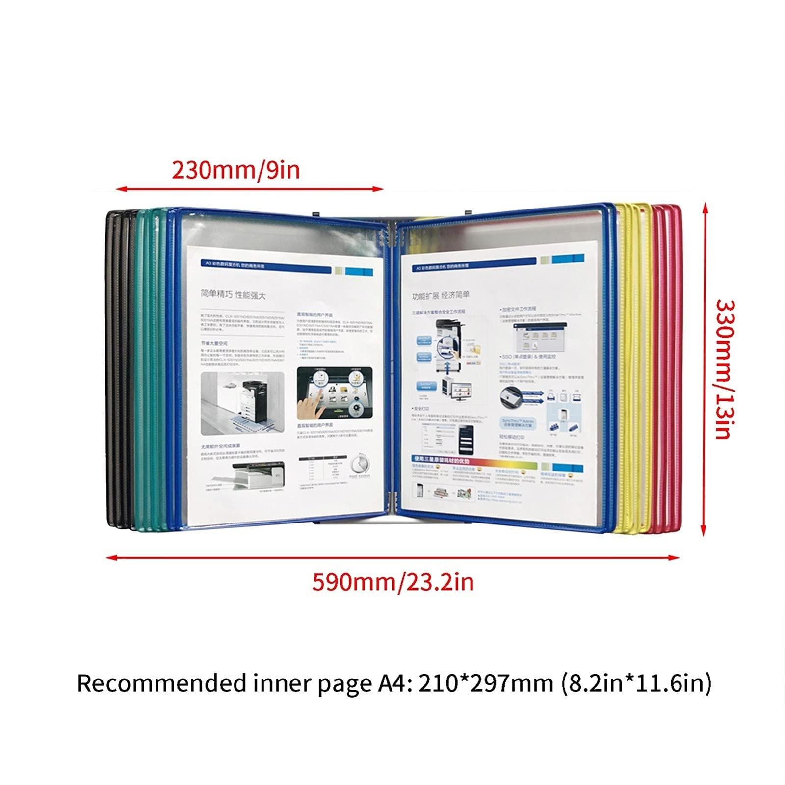 Sistema de referencia de pared Organizador de refe Metal de 20 páginas con 40 bolsillos tamaño carta A4, for mostrar imágenes de la empresa, avisos públicos y menús(Green)