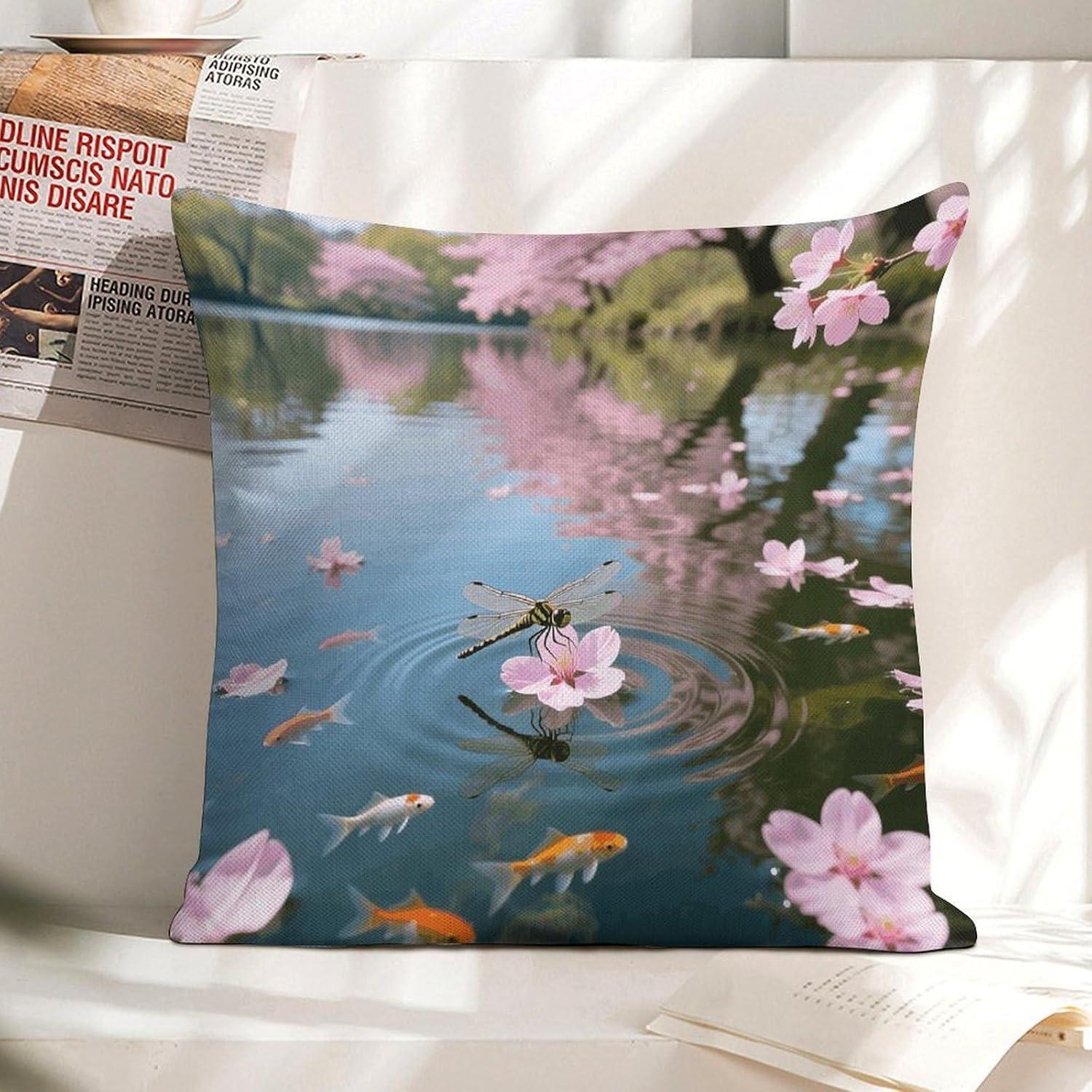 Japanese Cherry Blossom Flower Pillow Protectors Cute Waterproof Pillow Cover Soft Skin-Friendly Cushion Case Decorative Square Cushion Cover for Couch Sofa Bed Living Room Bedroom