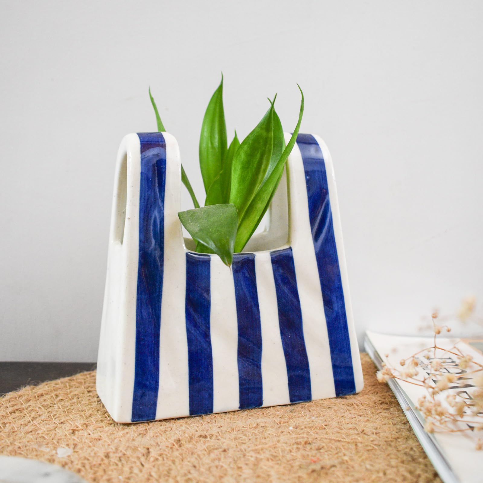 Bag Ceramic Vase - Blue Stripe | Small Purse Vase for Flowers | Mini Unique Handbag Decorative Flower Pot for Modern Home Decor, Table Centerpiece & Gift-image-32
