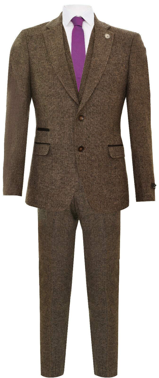Tru Clothing Abito a 3 Pezzi Marrone da Uomo in Lana a Spina di Pesce Stile Anni '20 Blinders