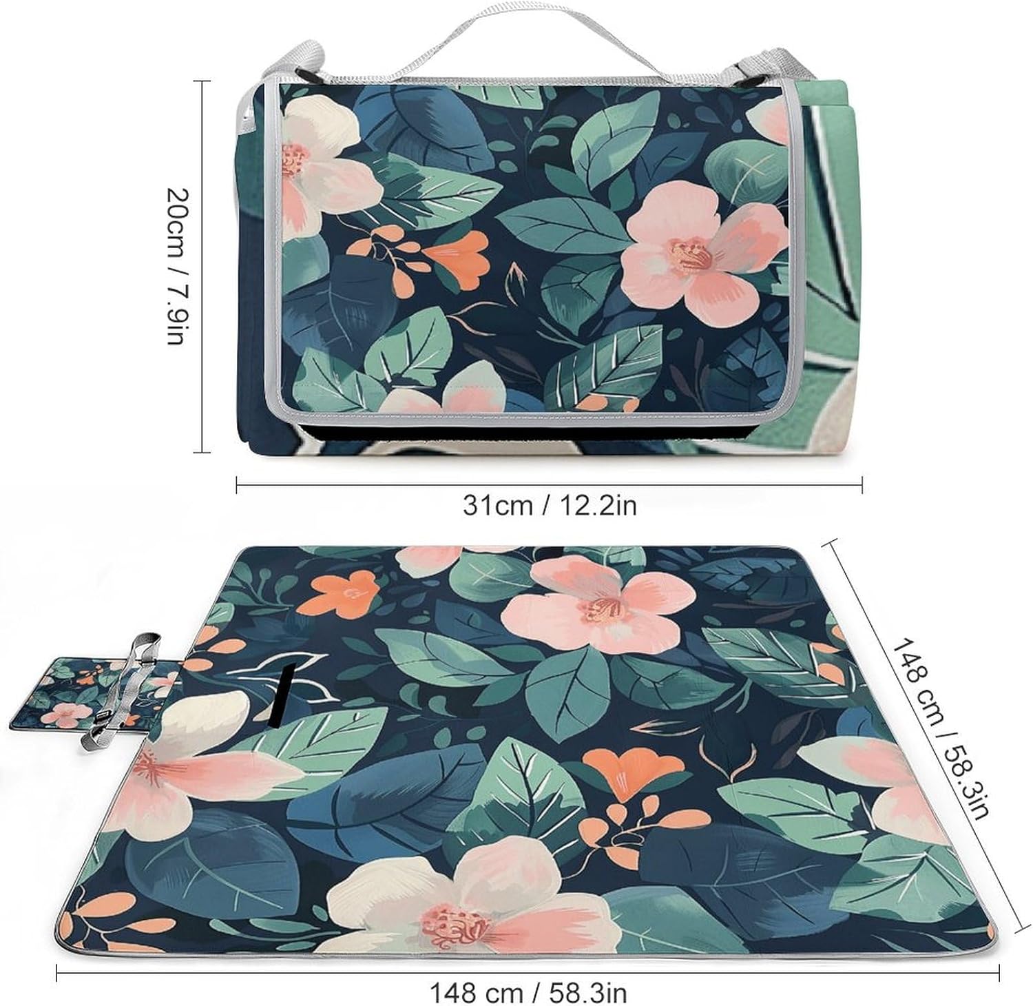 Outdoor Picnic Blanket Extra Large Beach Blanket Waterproof Picnic Mat Floral Pattern Print Camping Blanket Portable with Carry Strap Park Blanket for Grass Camping Park