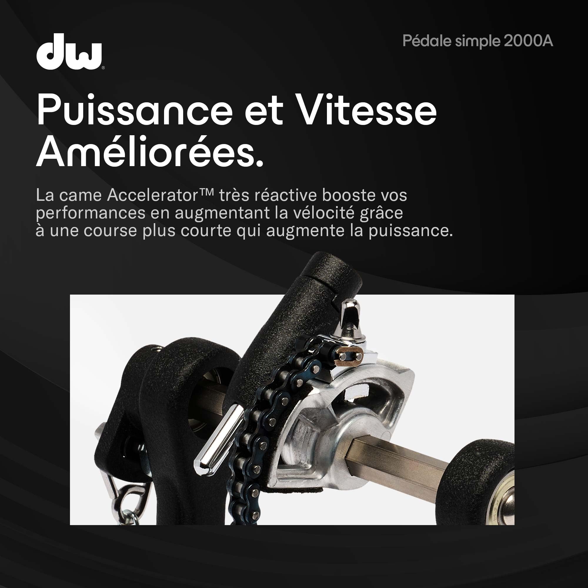 DW 2000A | Pédale de grosse caisse série 2000 | Idéale pour les batteurs de tout niveau | Cadre métallique robuste avec came Accelerator à simple chaîne | Batte à deux faces