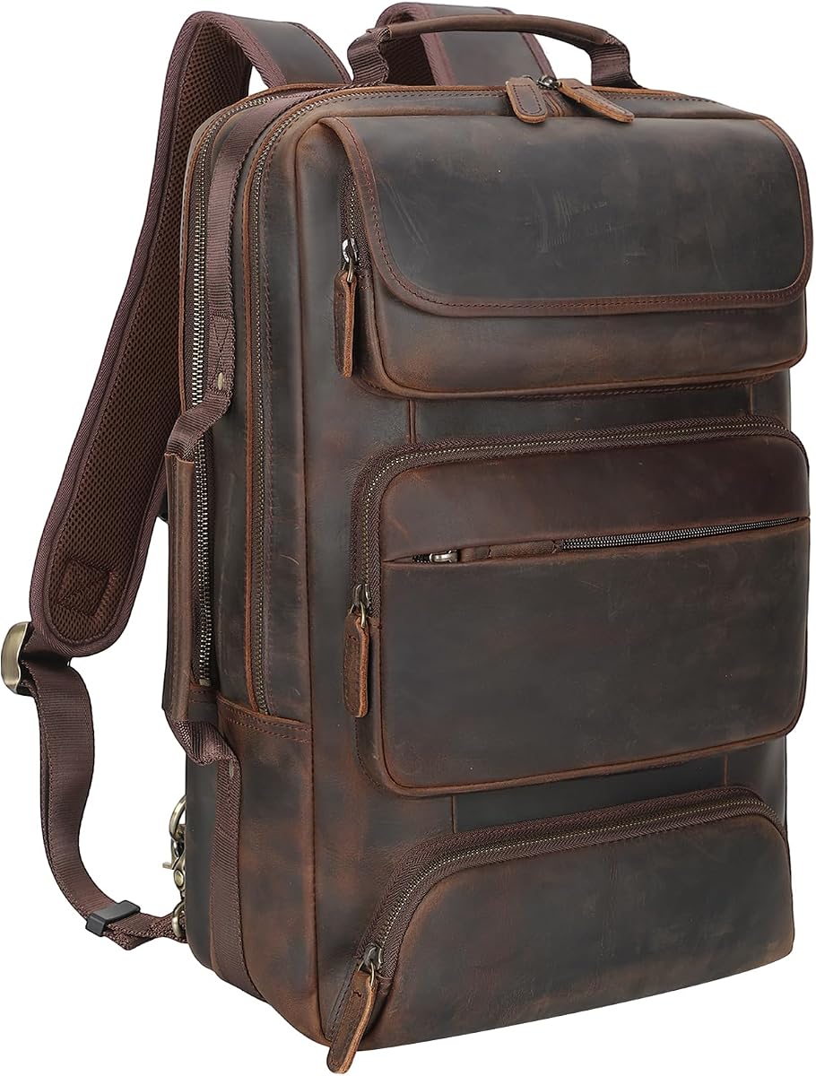 Mochila de viaje vintage de cuero de plena flor para computadora portátil de 17,3 "para hombres | Maletín convertible para oficina de negocios con múltiples bolsillos Mochila para acampar para el fin de semana