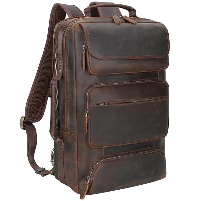TIDING Full Grain Leather 17 3 Inch Laptop Backpack for Men Convertible Business Briefcase Weekender Camping Bag Travel