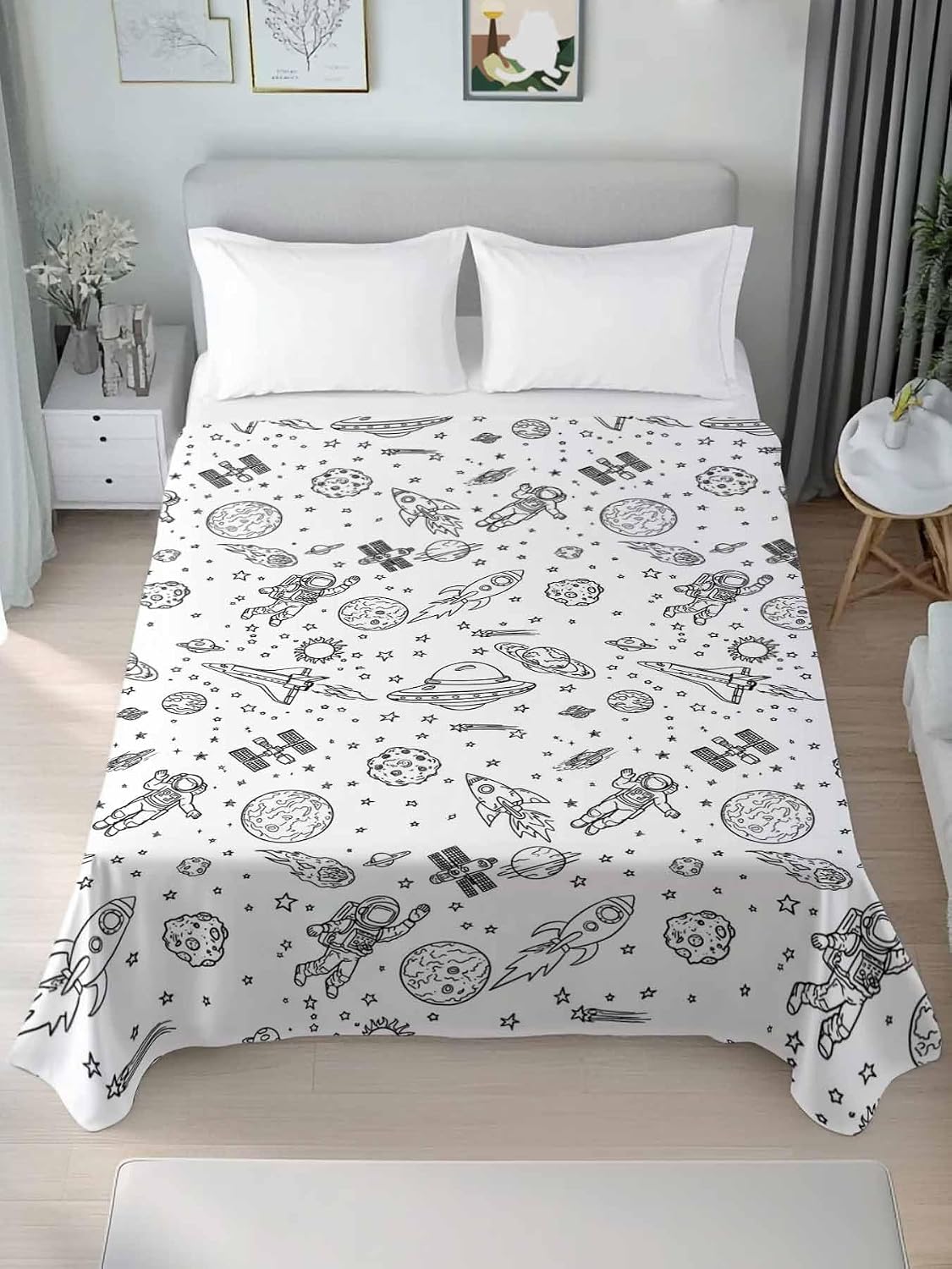 Full Flat Sheet, Cartoon Space Full Bed Sheets Only, Soft Microfiber Flat Sheet, Spacecraft Rocket Meteorite Star Cute Hotel Quality Bedding Top Sheet Bedroom Home Dorm Decor