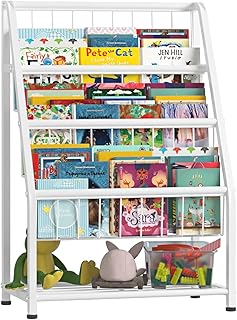 JAQ Bookshelf for Toddlers, 4-Tier Metal Kids Bookshelves Rack with Toy Storage Organizer in Bedroom Study Room Playrooms Nursery for Infants Baby Young Children (4-Tier/ 25.7inch, White)