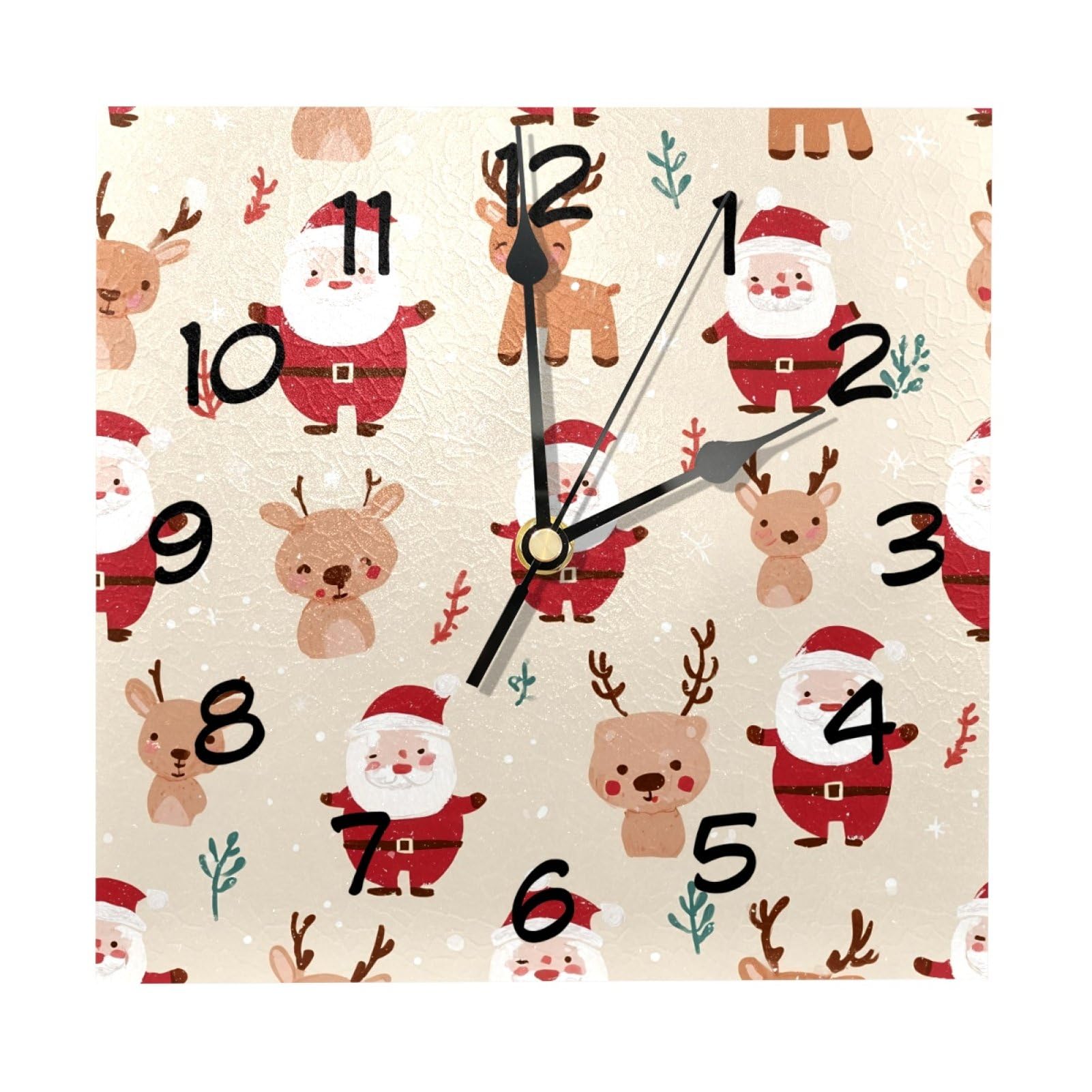 etoenbrc 8 Inch Square Wall Clock Silent Non-Ticking Santa Elk Background Clock Battery Operated, Wooden Clock Decorative for Kitchen, Living Room Bedroom Office