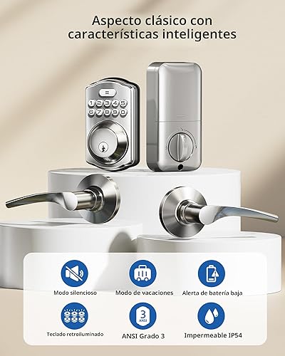 Miniatura 4 de Veise Cerradura de puerta de entrada sin llave con 2 manijas de palanca, cerrojo electrónico para teclado, juego de cerradura digital inteligente de