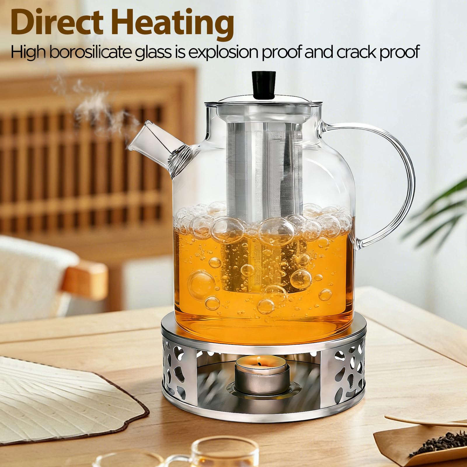 1800 ml Teekanne Mit Siebeinsatz Und Stövchen，Glasteekanne mit Abnehmbare Edelstahl-Sieb Warmhalteuntersetzer Rostfrei Hitzebeständig für Schwarzen Tee Grüner Tee Fruchttee Duftender Tee Teebeutel