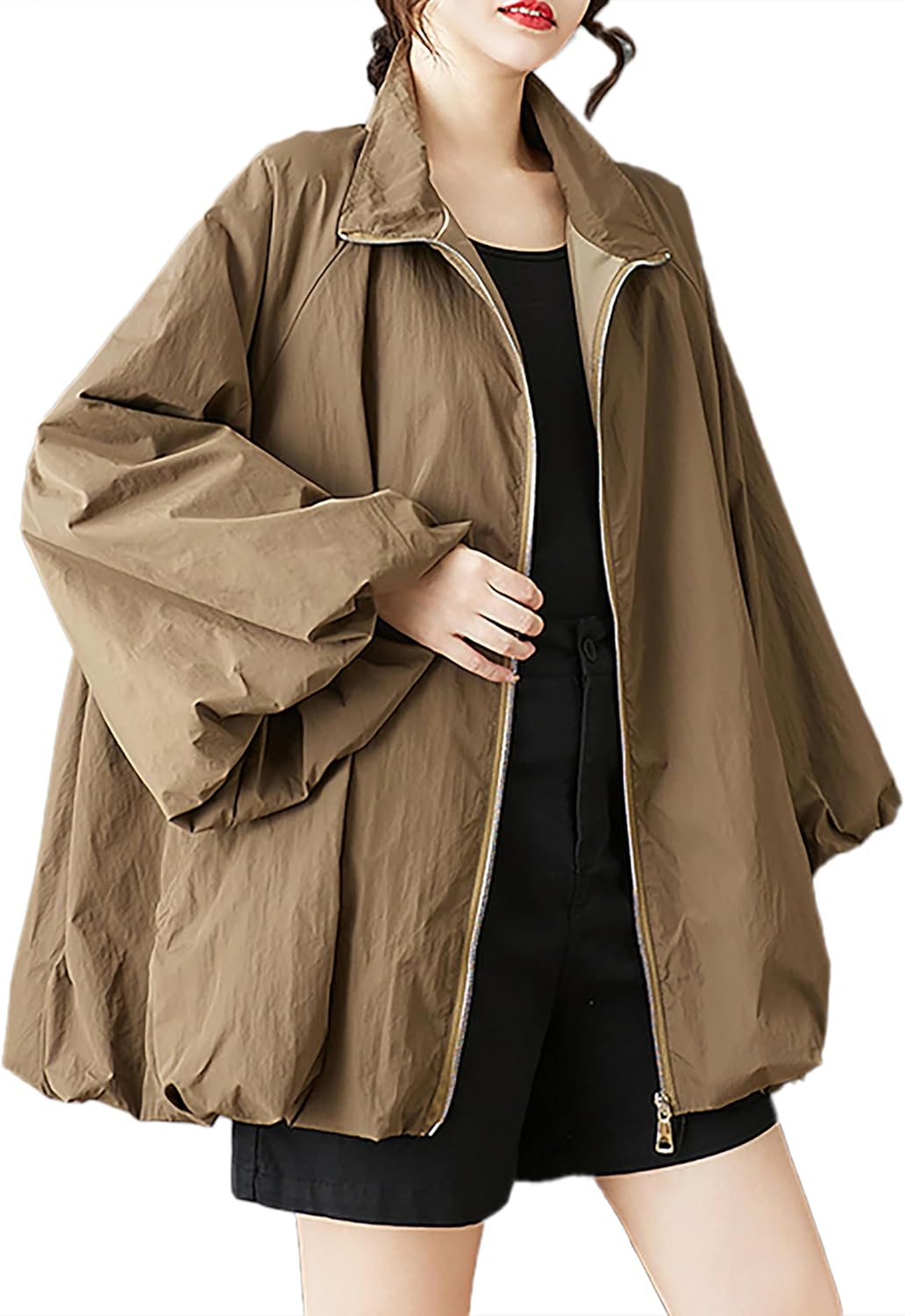 ellazhu Women's Coat Solid Zipper Up Puffed Bubble Long Sleeve Two Side Pockets Mock Neck Plus Size Casual Fashion GZ583