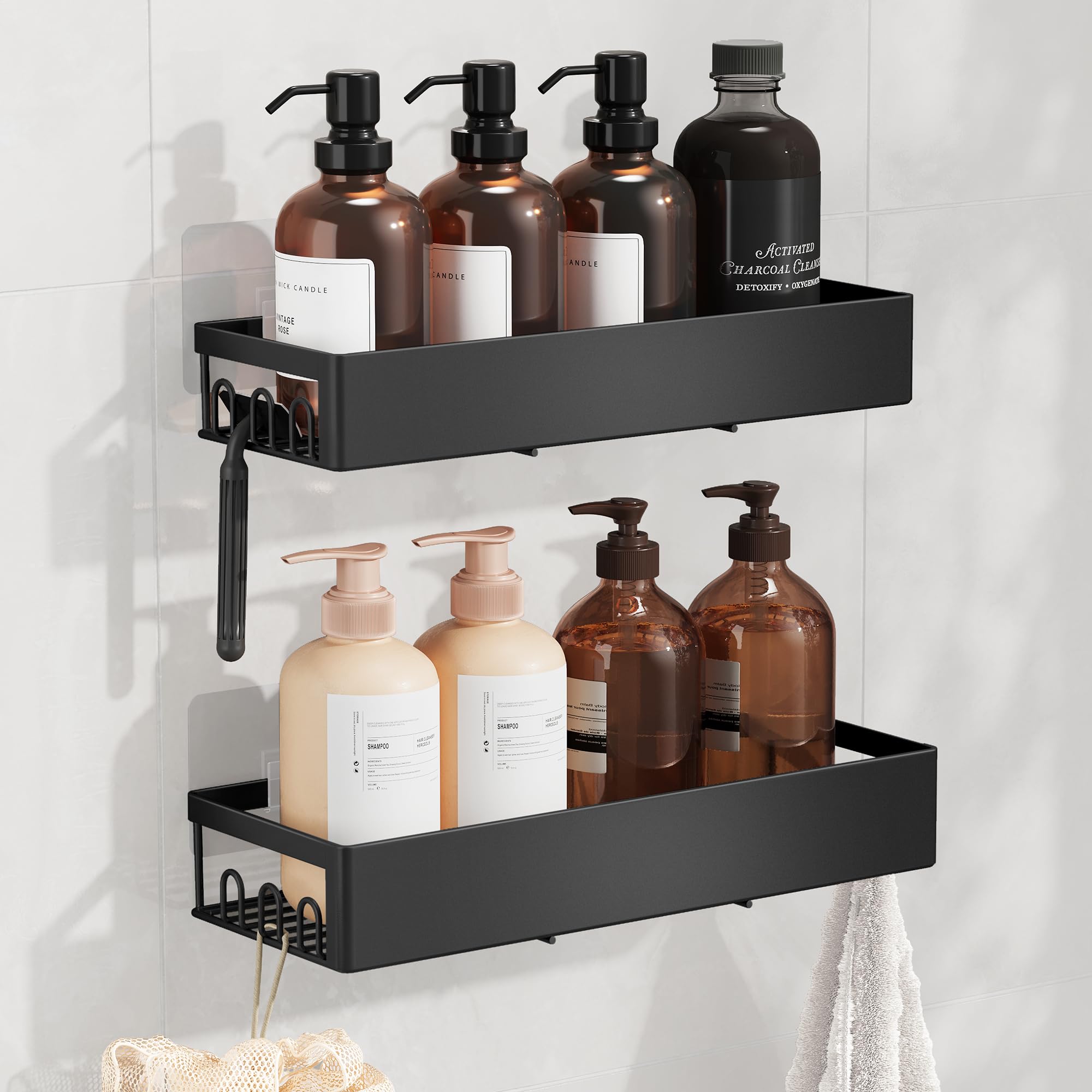 SONGMICS Shower Caddy, 2 Pack Steel Bathroom Shelves, No Drilling Shower Shelf, Self Adhesive Bathroom Storage Organiser, 31.5 x 12 x 4.7 cm, Wall Mounted Shower Rack, Ink Black BCB201B101 โ image 1