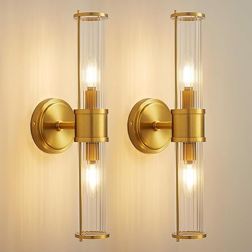 Brushed Gold Wall Sconces Set of 2, Modern Bathroom Vanity