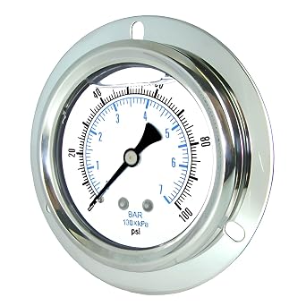 PIC Gauges 204L-204E Front Flanged Panel Mount Glycerine Filled Pressure Gauge w/ SS Case/Bezel, Brass Internals, PC Lens, 2" Dial, 0/100 psi Range, 1/4" Male NPT
