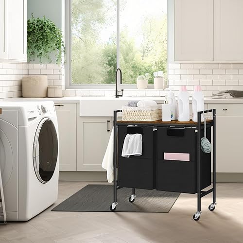 Miniatura 5 de Cesta de lavandería doble con ruedas, cesta de lavandería con estante, clasificador de lavandería con 2 bolsillos laterales adicionales para baño,