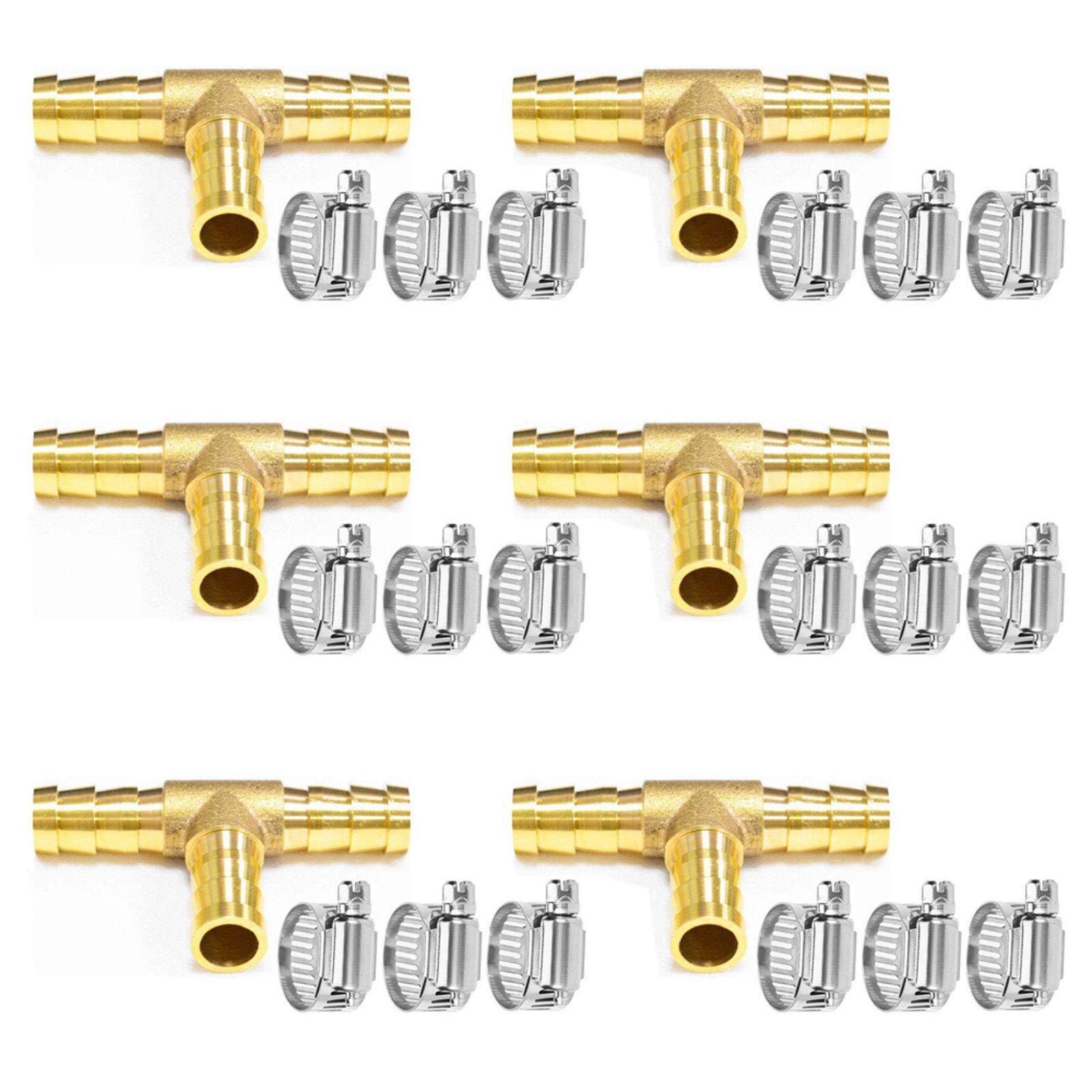 Da by 6 pcs 3/8"(10mm) Brass Tee Barb Fittings for 3/8" ID Hose,18 pcs Stainless Steel Pipe Clamps,3 Way Union Intersection for Water/Fuel/Air(T)