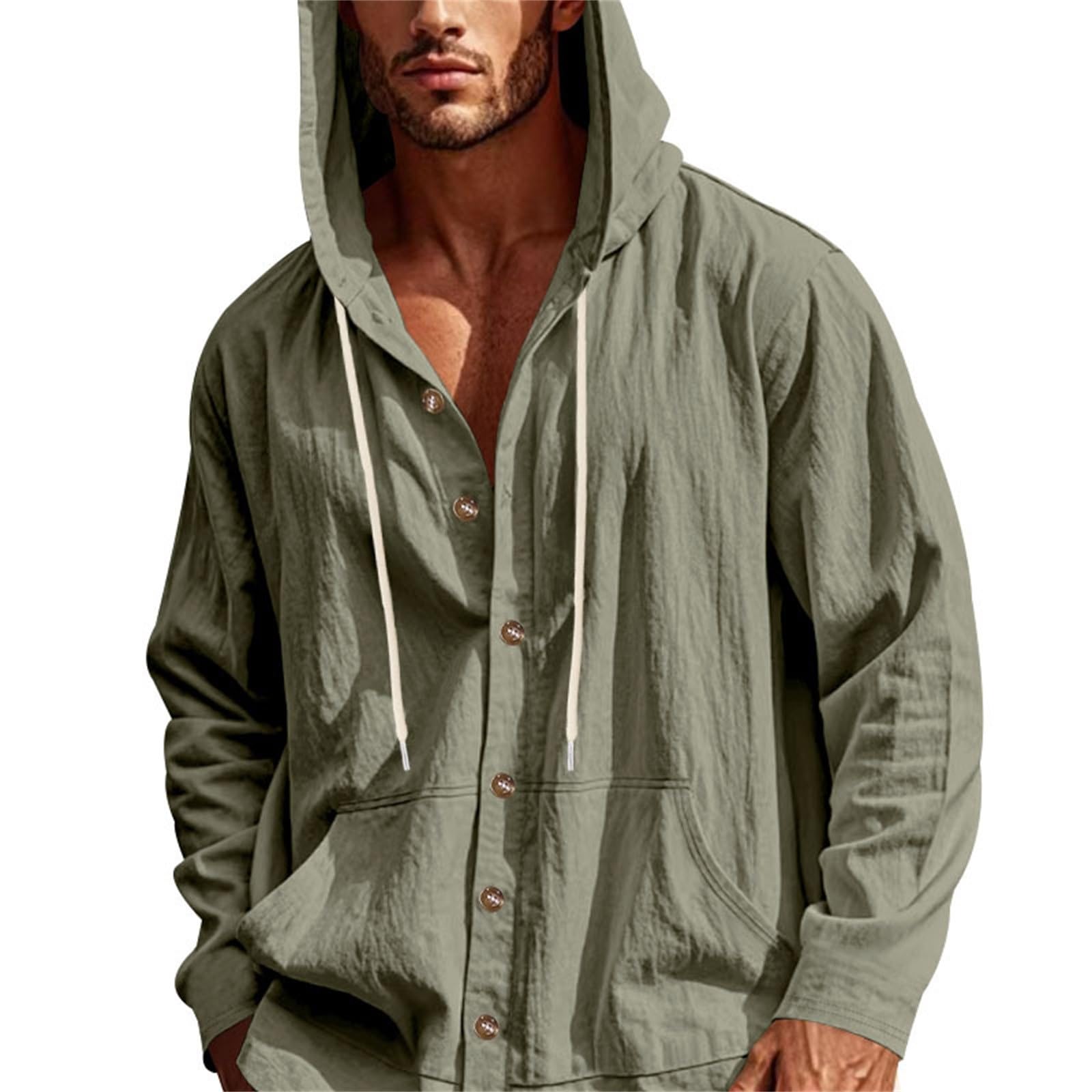 Camicia Lino Uomo con Cappuccio Maniche Lunghe con Tasche E Bottoni, Indumento Leggero di Moda per Look Casual E Vacanze