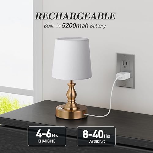 Miniatura 3 de PARTPHONER Mini lámpara de mesa LED inalámbrica, lámpara recargable de 5200 mAh operada por batería, brillo de 3 niveles, lámpara de escritorio