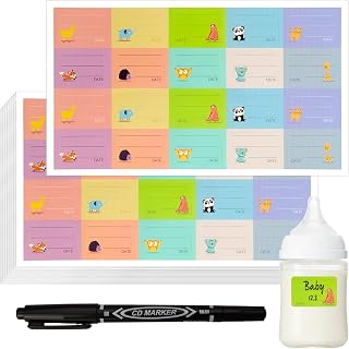 10 Sheets (200 Labels) Reusable Daycare Bottle Labels with Pen, Writable Animal Design Stickers for Baby Food, Breastmilk & Sippy Cups Bottle Labels Daycare Reusable