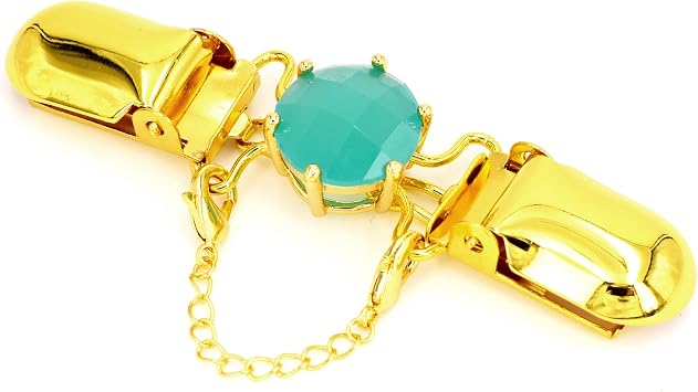 bezelry Gold Crafter Cardigan Clip with Mint Turquoise Crystal. for Cape,Cloak,Sweater,Shawl,Jacket,Vest,Blouse or Back of Dresses. 85mm 3.4" Long.