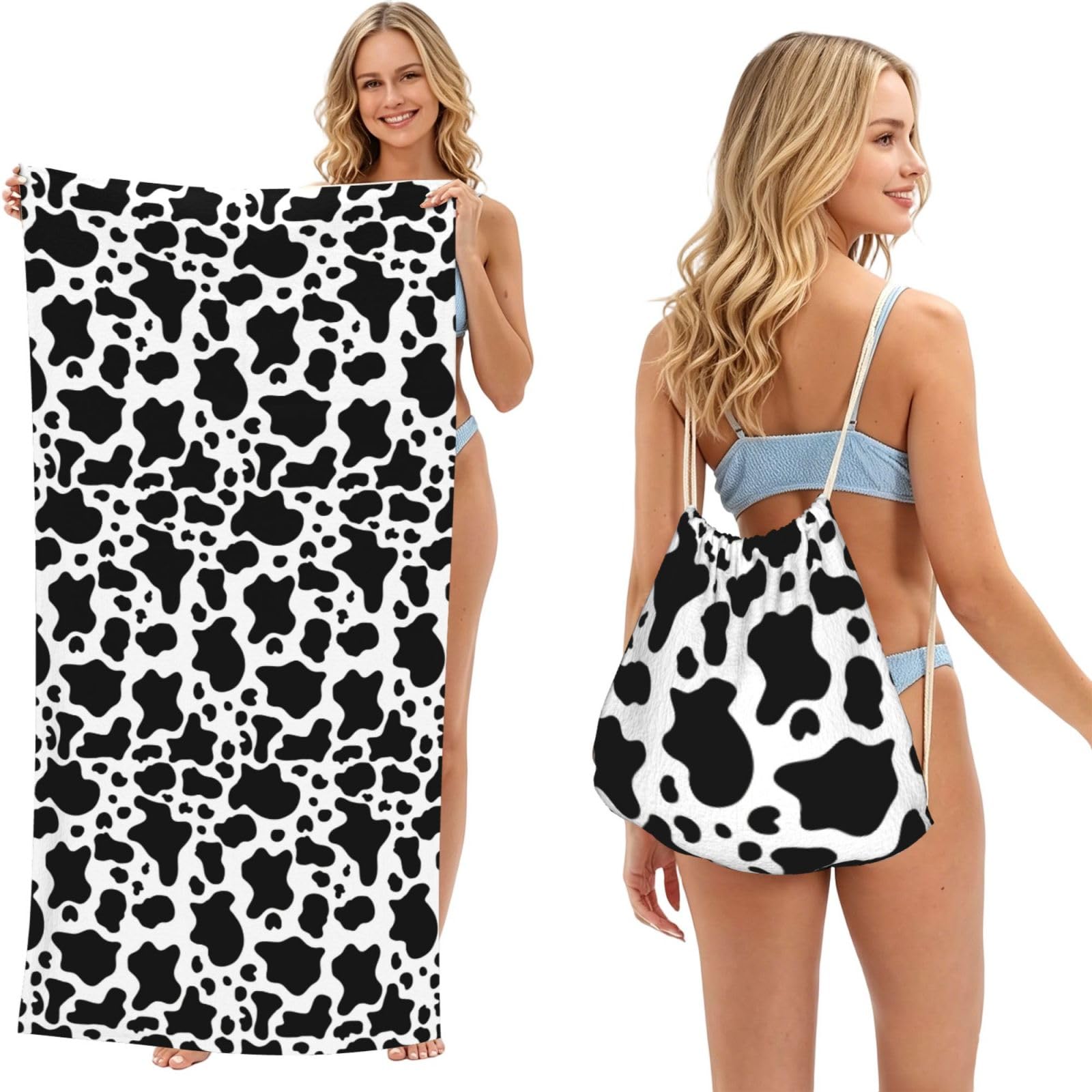 Poadnly Black And White Cow, 2 in 1 Packable Towel Bag, Beach Towels with Drawstring Backpack for Travel Holiday Camping