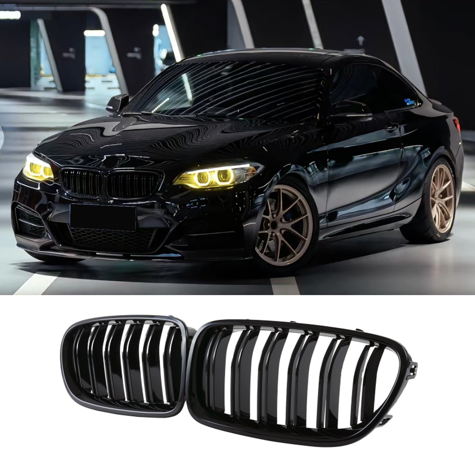 F22 Calandre Noire pour BMW Série 2 F22 Coupé et F23 Cabriolet et M2 F87, Grille Double Sport en Noir Brillant, 2014-2018 (For 2er F22 2014-2018)