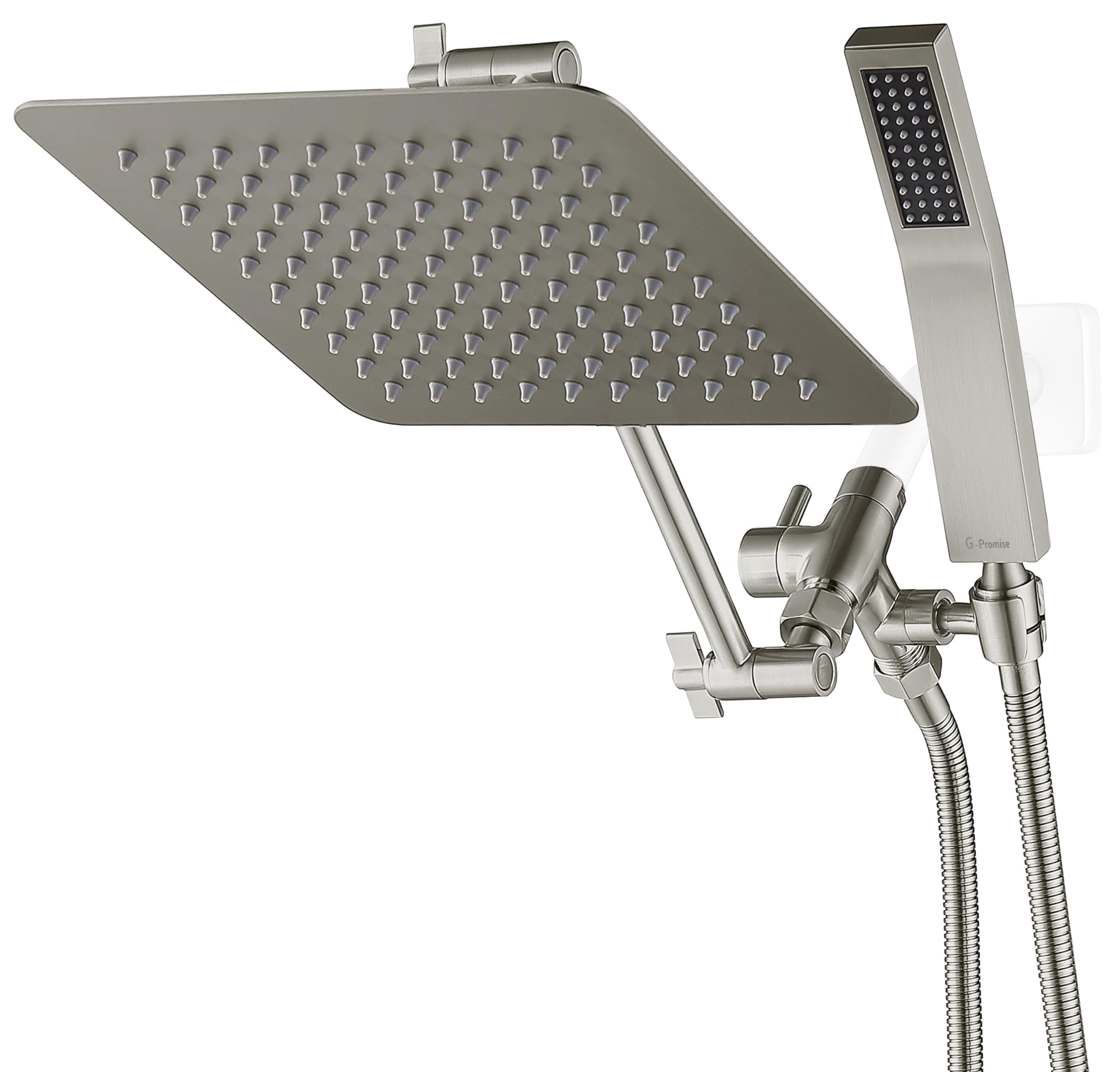 G-Promise All Metal 10" Dual Square Shower Head Combo | Rain Shower Head | Handheld Shower Wand | Adjustable | 3-Way Diverter | 71" Extra Long Hose - A Bathroom Upgrade(Brushed Nickel)
