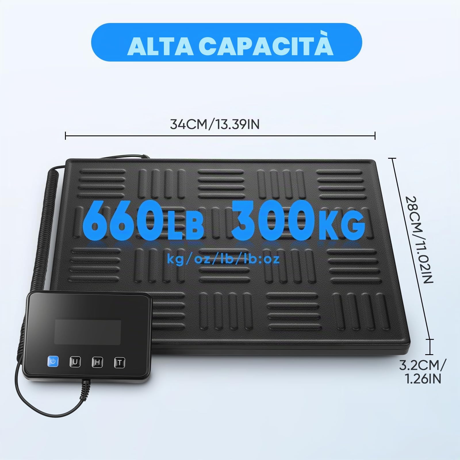 Bilancia Pesa Pacchi 300kg Digitale, Bilancia Postale con Funzione Hold/Tare, Schermo LCD Separato, Piattaforma Grande, Alimentazione a Batteria e USB, Ideale per Piccole Imprese e Pacchi