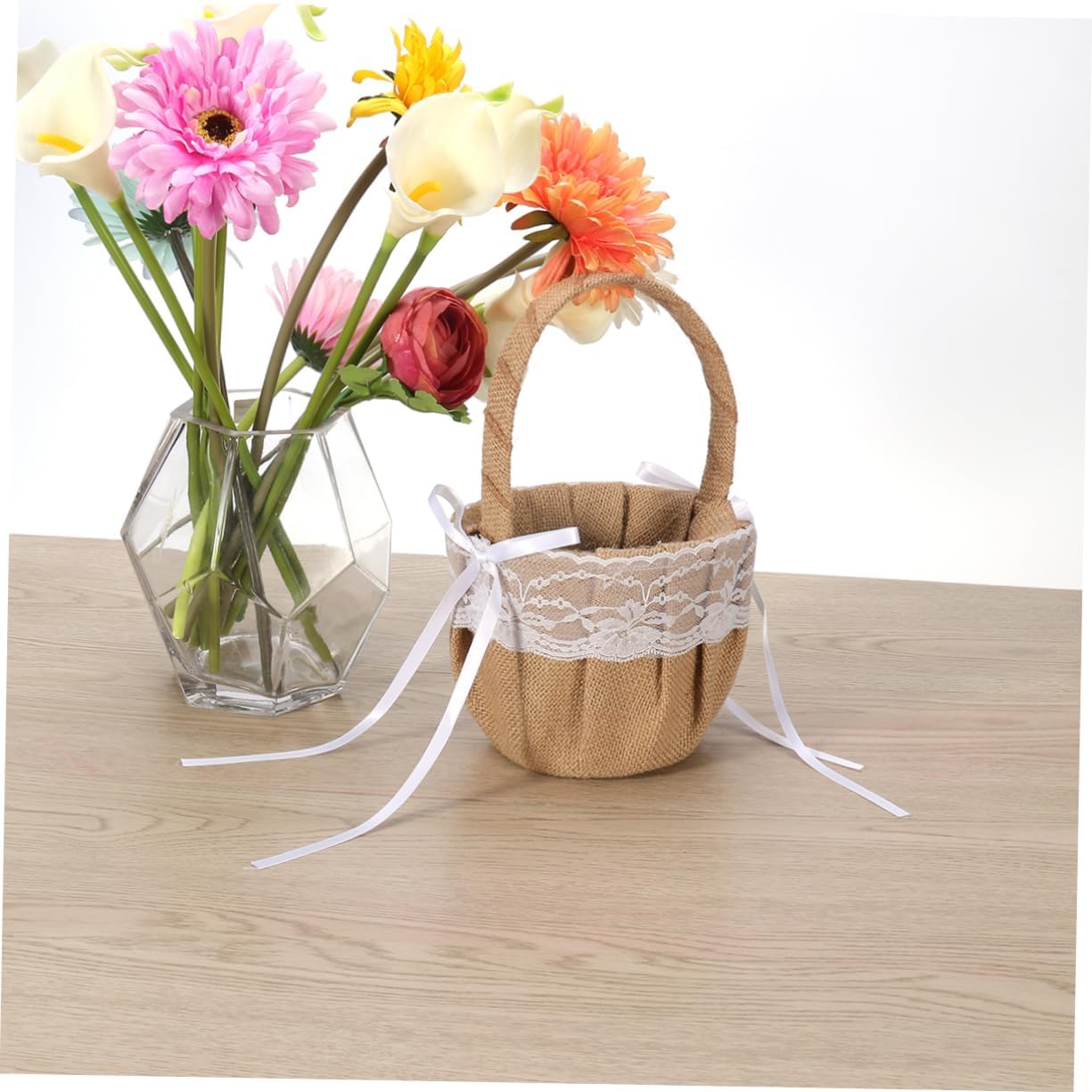 Rustic Ring Bearer Pillow Set 6'' Burlap Jute Lace Flower Basket Pillow for Wedding 2 Pcs