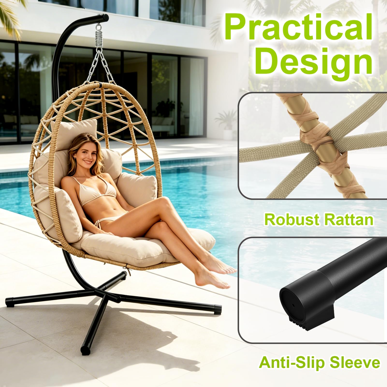 Silla Colgante con Estructura, Silla Colgante Huevo con Reposapiés, Desmontable Cojines Gruesos, Sillon Colgante para Interior & Exterior, Egg Chair Jardín, Balcón, Terraza, Hasta 150 kg - Beige