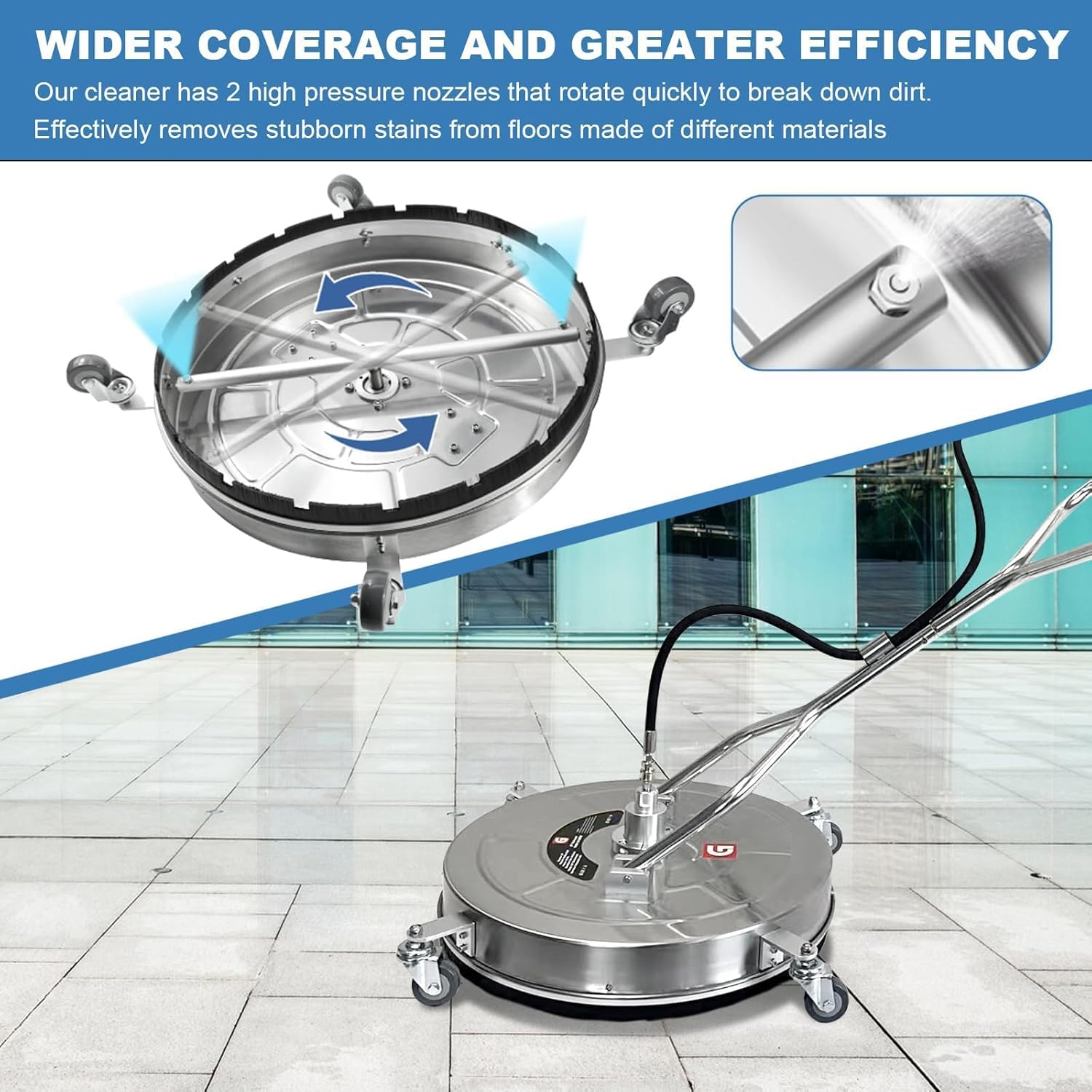 20-Inch Pressure Washer Surface Cleaner, Stainless Steel 4600 PSI Commercial Grade Power Washer Attachment with 4 Wheels, Heavy Duty Concrete Cleaner for Driveways, Patios, Sidewalks