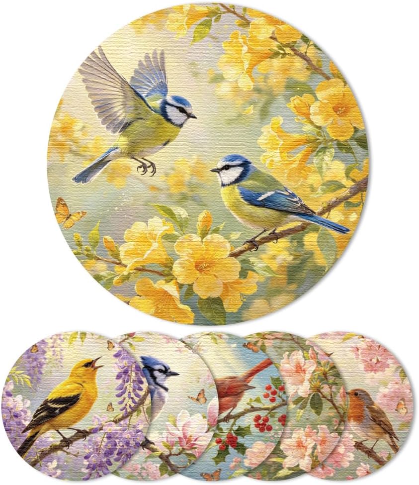 ANATTASOUL Birds Flower Branches Rubber Coasters Set of 6 for Drinks(3.93")