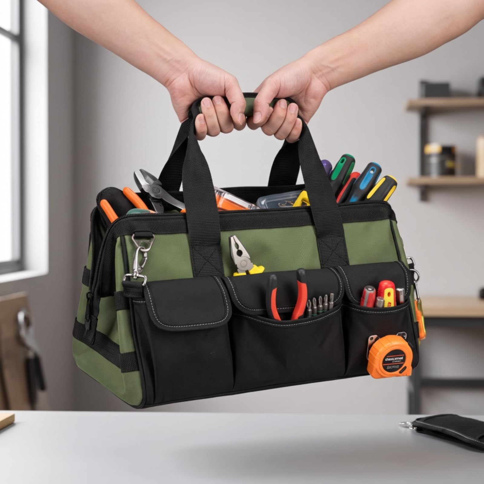 Sac à Outils En Tissu Oxford Robuste Sac à Outils avec Bandoulière Résistant Sacoche pour Techniciens, Bricoleurs, Maison, 18 Pouces