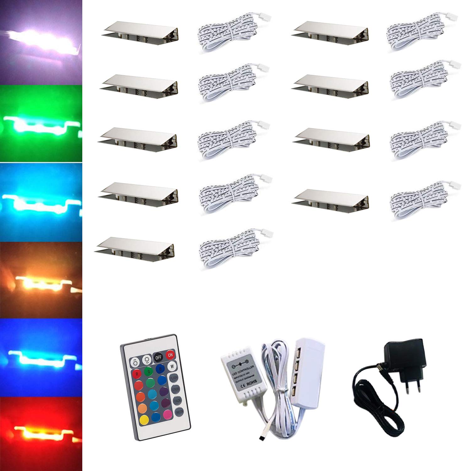 ACCE LED RGB iluminación de borde de vidrio iluminación de piso de vidrio clips de iluminación de escaparate, acero inoxidable (juego de 9)