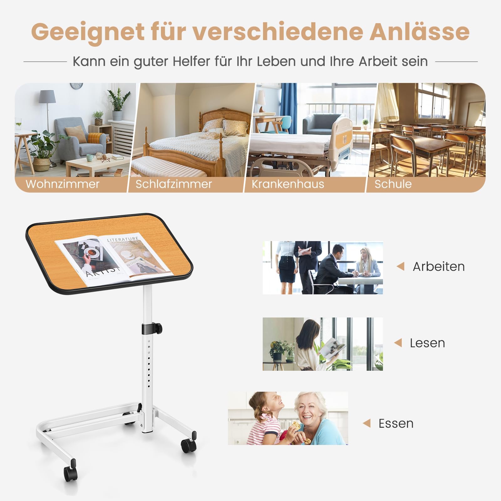 FANTASK höhenverstellbarer Pflegetisch, 60,5 x 40 x 73-93 cm des Pflegetisches, Krankentisch mit in Mehreren Winkeln neigbarer Platte, Natur