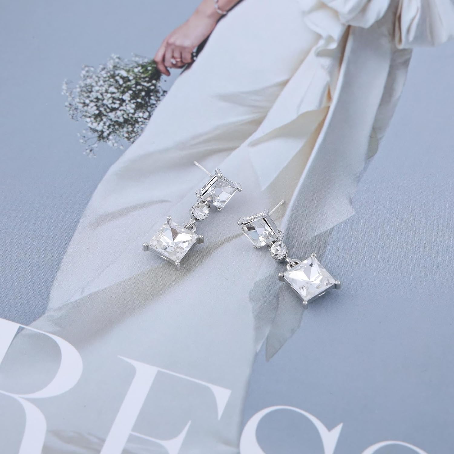 Bohemian Square Crystal Dangle Earrings Silver Circle Cz Drop Earrings Rhinestone Geometric Stud Earrings Crystal Square Circle Earrings Jewelry for Women Gifts - Image 3