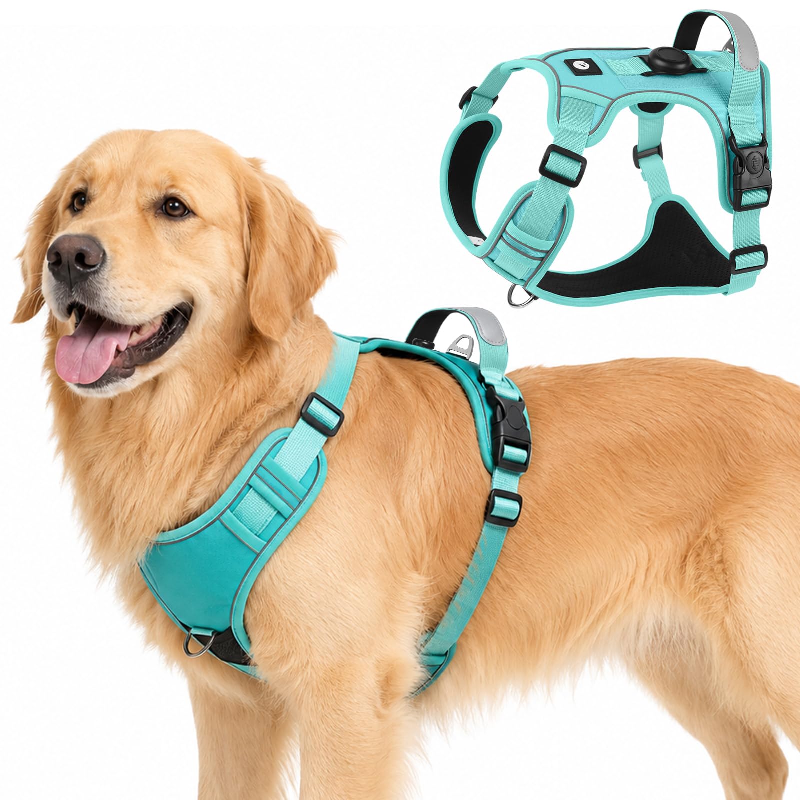 Olcyren No Pull Dog Harness with AirTag Holder, Adjustable Anti Pull Padded Dog Harness with Front Clip, Reflective No-Choke Pet Vest Harness with Handle for Small Medium Large Dogs (Turquoise, XL)
