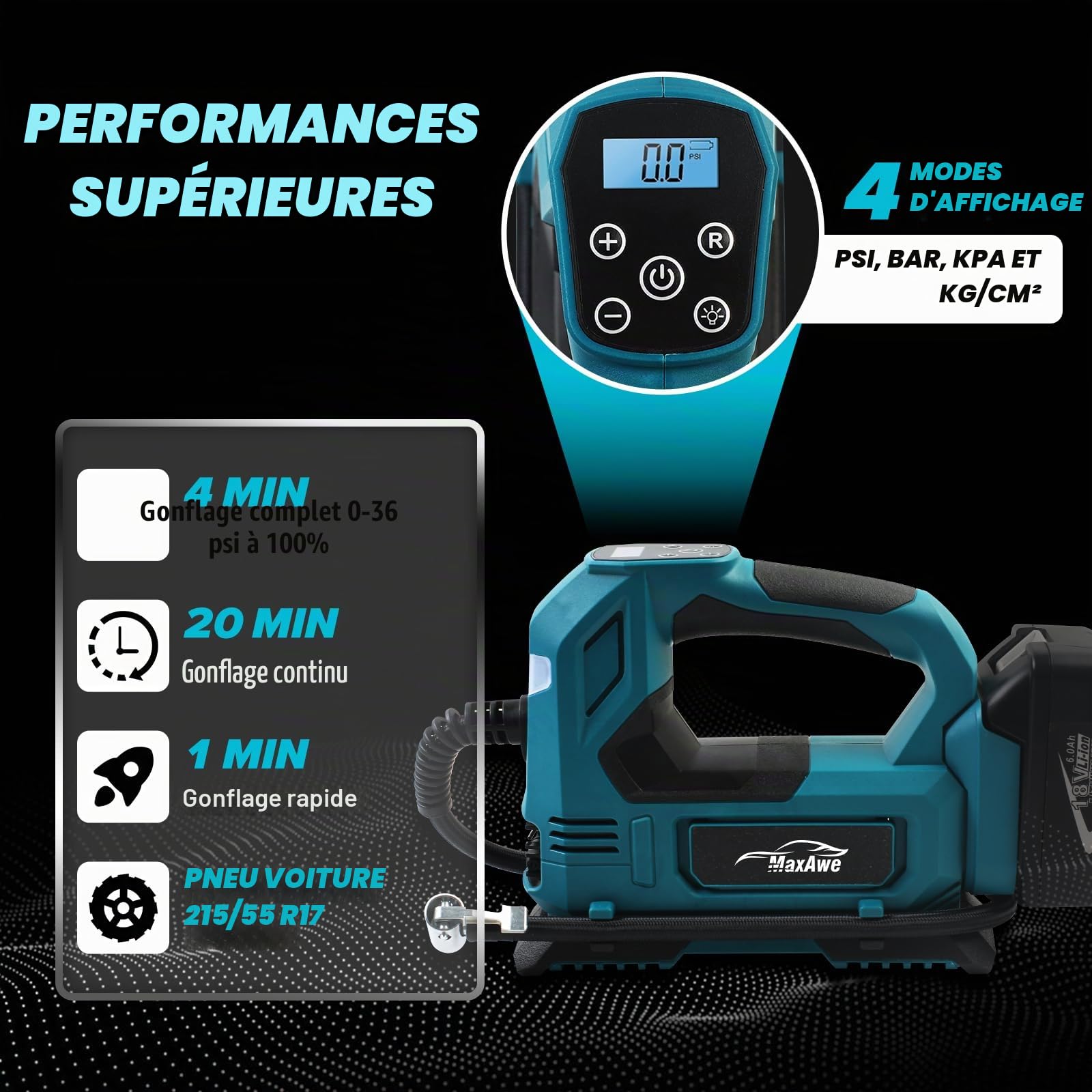 MaxAwe Compresseur à batterie pour Makita 18 V, pompe à air électrique sans fil avec câble auto et 3 buses, gonfleur portable avec lumière LED, pour voitures, motos, vélos, ballons (sans batterie)