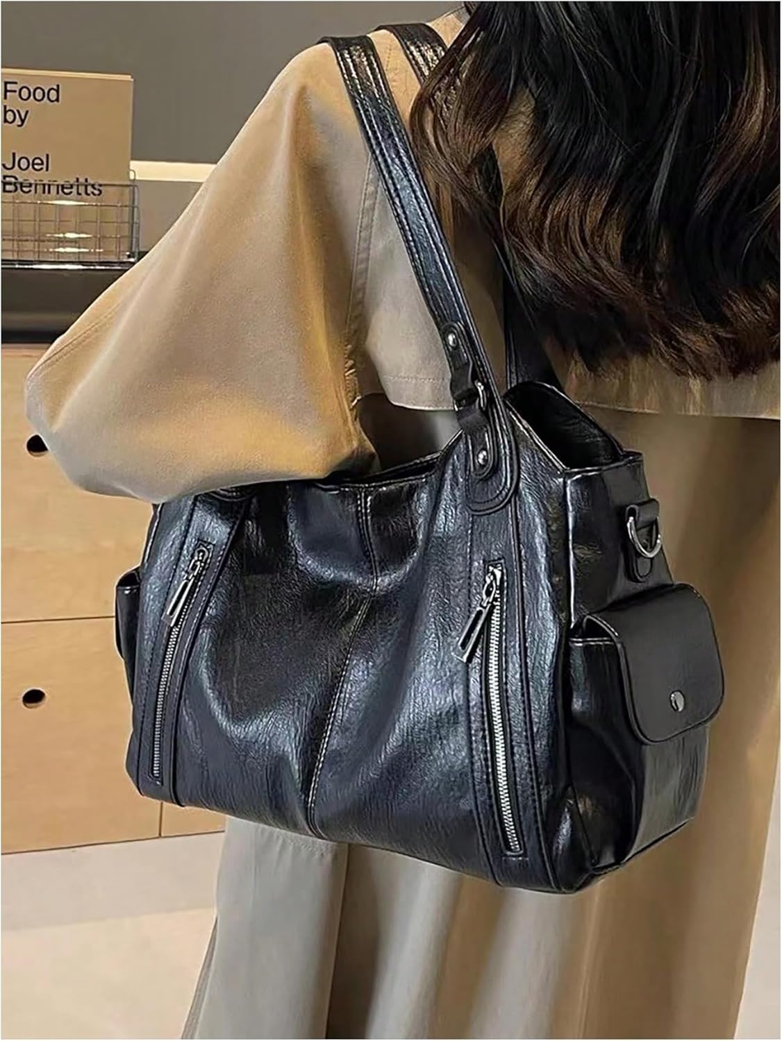 SHENHE Women's PU Leather Square Tote Bag Zipper Top Handle Shoulder Bags Multi Pockets Handbags