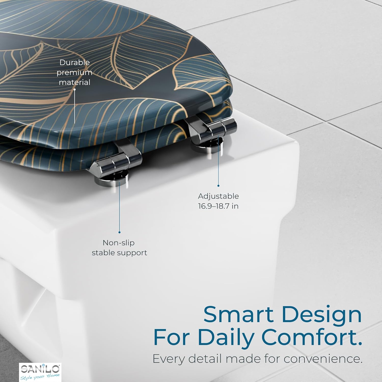 SANILO Wooden Toilet Seat with Soft Close [ELONGATED] - Decorative, Quiet & Slow Close Molded Wood Seat - With Strong Bumpers & Hinges - Adjustable Fit - Monstera