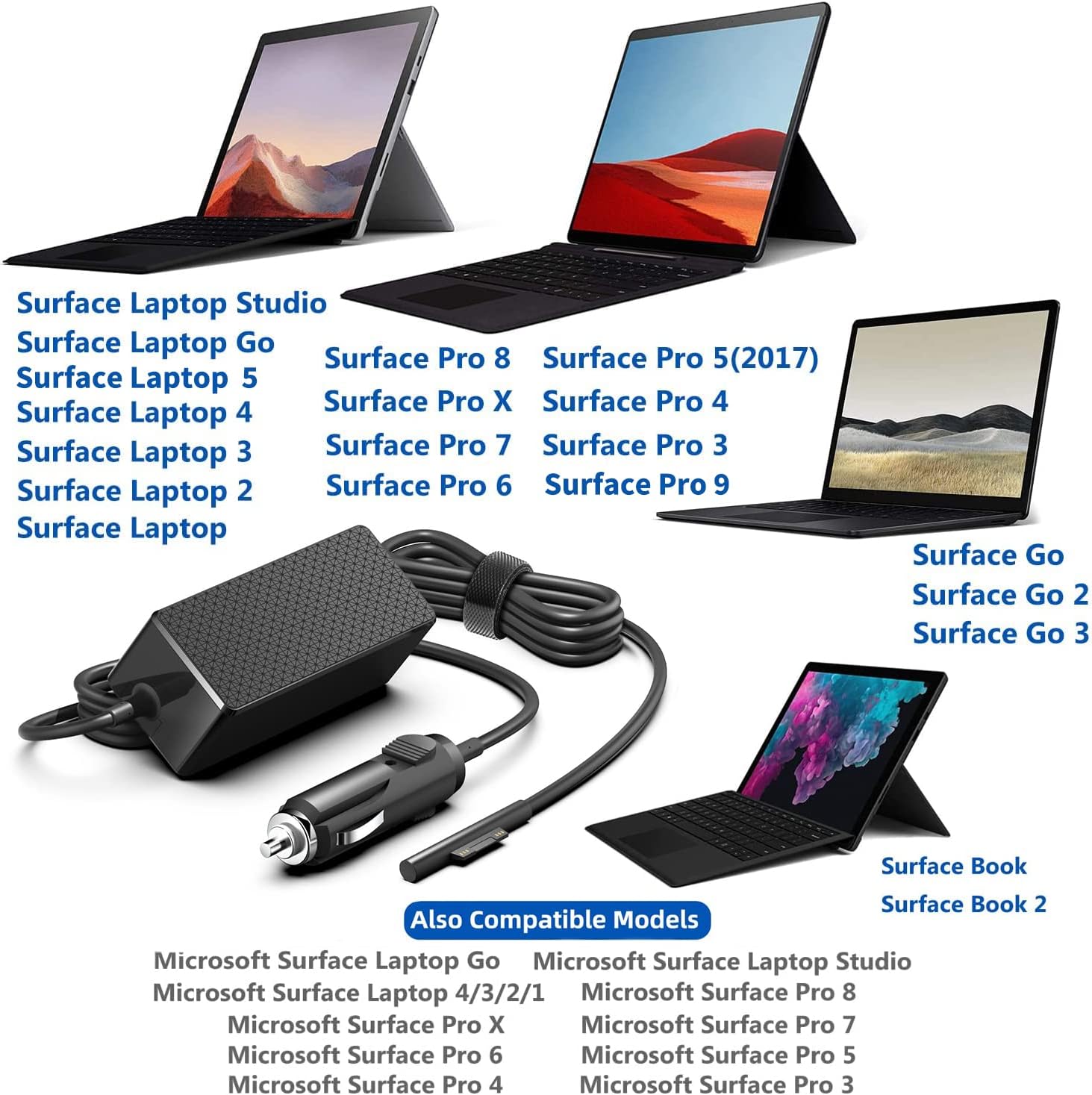 KFD 15V 6.33A Car Charger 12V-24V DC Adapter Compatible with Microsoft Surface Book 3 2 1 Surface Go 1 2 3 4 Surface Laptop 7 6 5 4 3 2 1 Go Surface Pro 11 10 X 9 8 7 7+ 6 1798 1932 Power Supply Cord