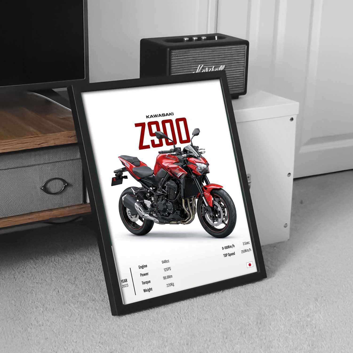 Kawasaki Z900 Red Poster with Wooden Frame | Black 10x13 Inch