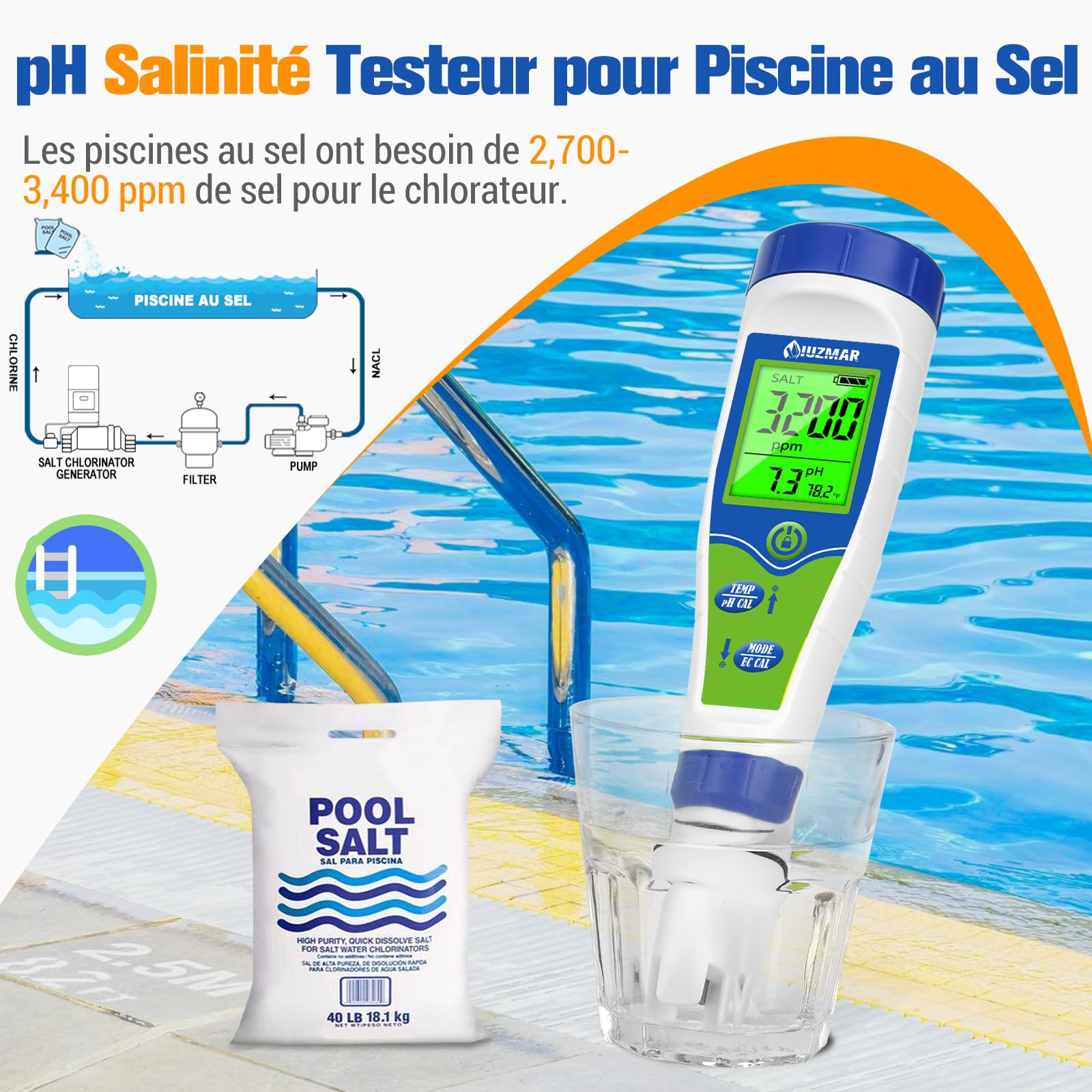 UIUZMAR pH Mètre Numérique Analyseur de Salinité Testeur Sel et pH Testeur pH Piscine Electronique 5 en 1 pH Salinité TDS EC Température Mètre pour Piscine au Sel Spa Aquarium Hydroponiques
