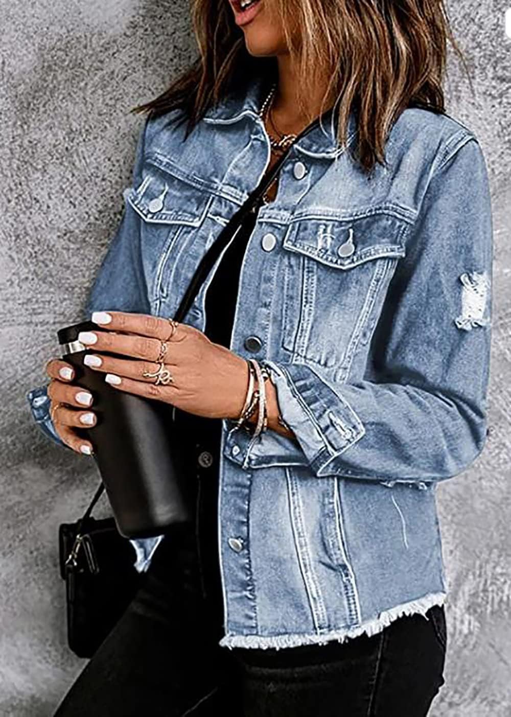 Necooer Women's Jean Jacket Distressed Washed Button Up Boyfriend Denim Jacket Coat With Pockets - Image 2