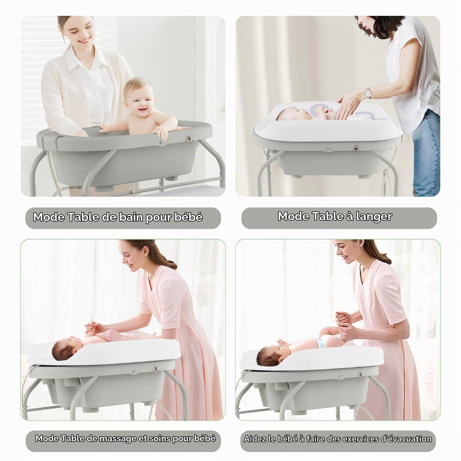 LIFEZEAL Table à Langer Baignoire Pliable PP+PVC, Commode à Langer Bébé avec Etagère de Rangement et Roues Universelles, Tube de Fer, Charge de 35 kg, 0-12 mois (Gris clair)