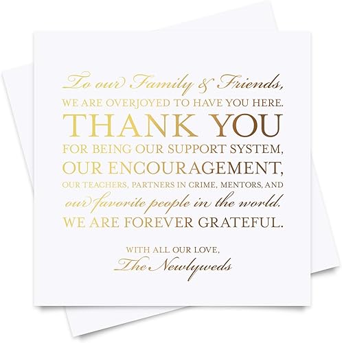 Bliss Collections Tarjetas de agradecimiento para recepción de boda, paquete de 50 tarjetas de aluminio dorado real, gran adición a tu centro de